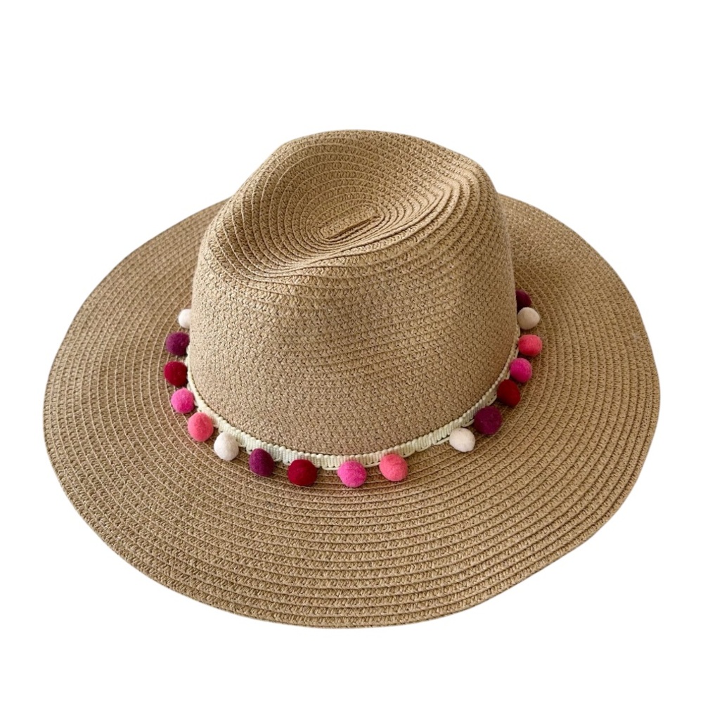 Amiani Tan Beach Hat with Colorful Pom Poms